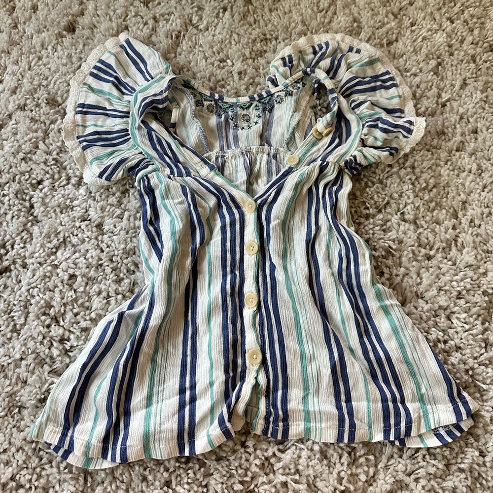 Vintage super cute XS frilly striped casual button down women’s spring s…